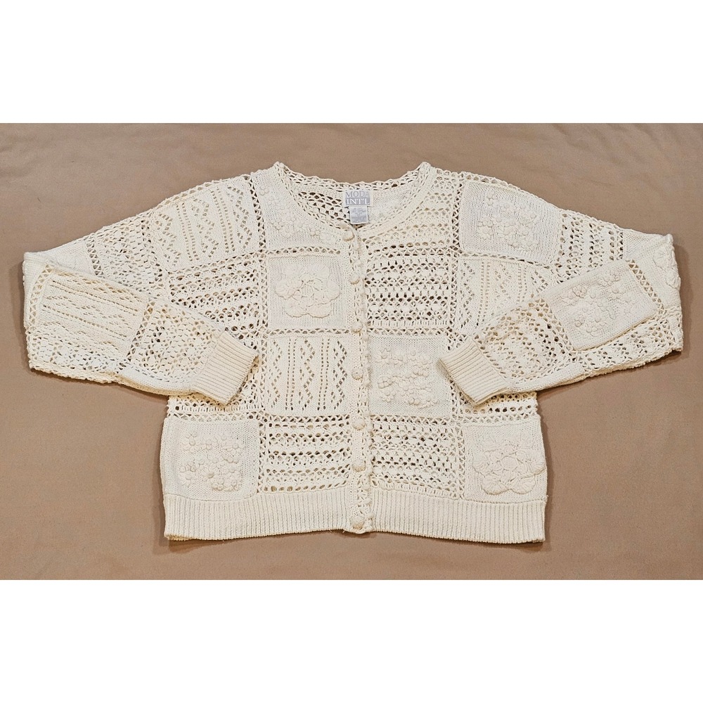 Moda International Cream Crochet Patchwork Cardigan Sweater Ramie Cotton Large
